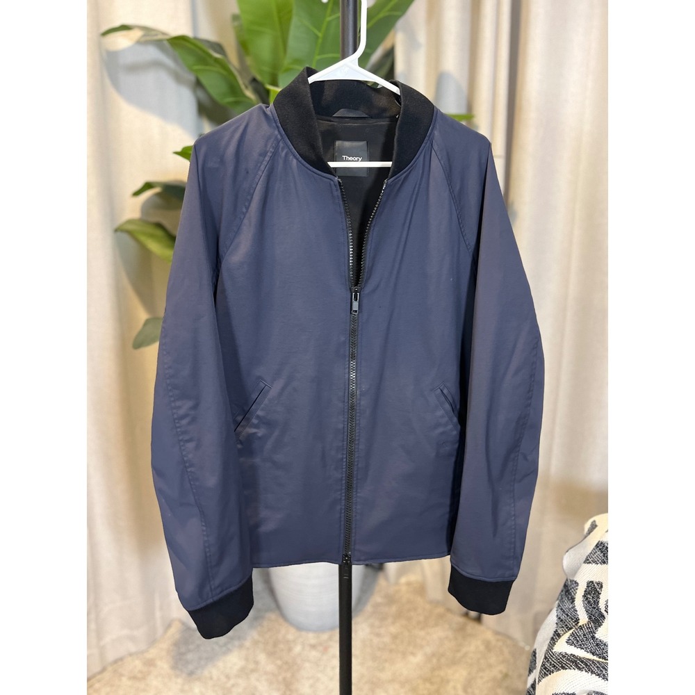 Theory Mens Bomber Jacket Navy Blue Black Trim Full Zip Raglan XL